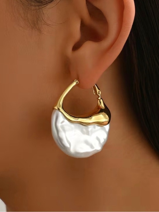 Anthropologie Jewelry - Anthropologie Gold Tone Pearlescent Hoop Earrings Statement Bridal Jewelry NWOT